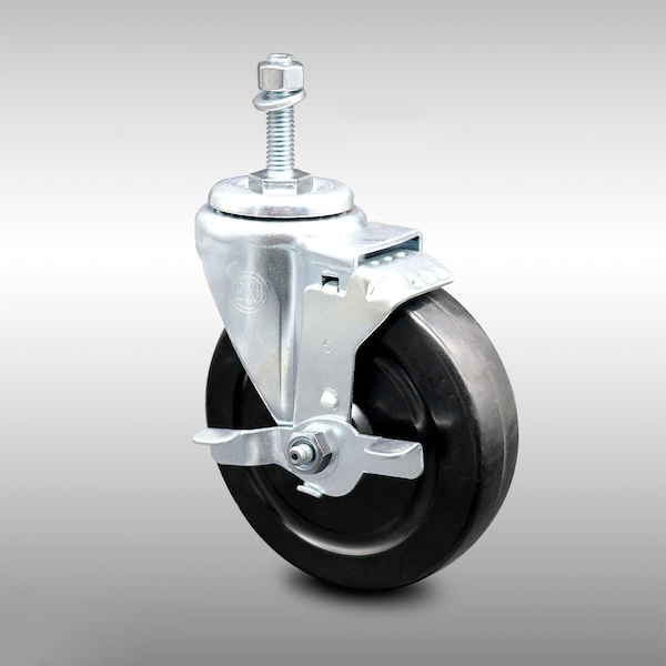 5 Inch SS Hard Rubber Wheel Swivel 3/8 Inch Threaded Stem Caster with Brake SCC